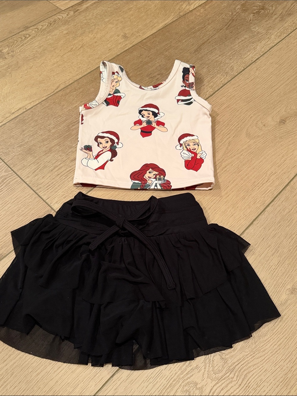 Girls Pink Princess Print Crop Tank Top and Black Ruffle Skirt Set